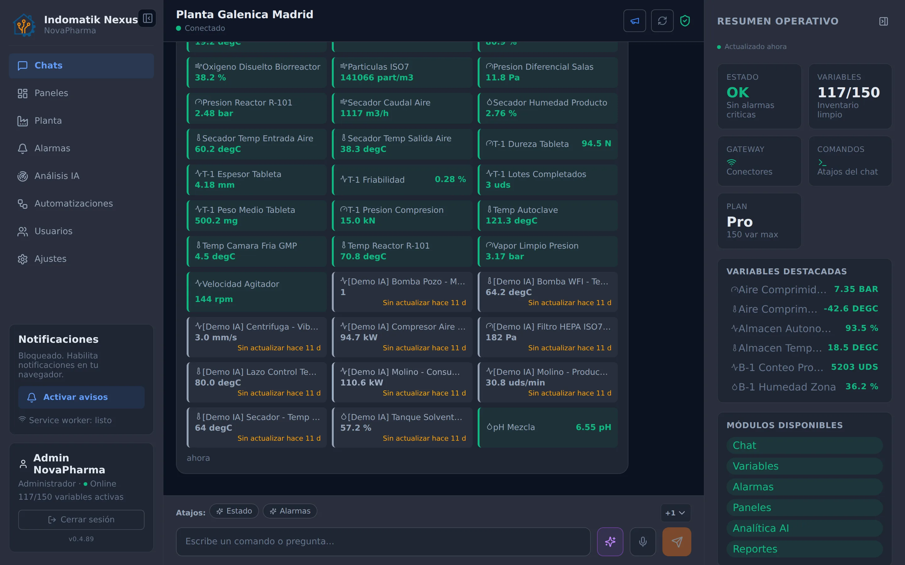 Chat de planta: el comando estado devuelve los valores en vivo
