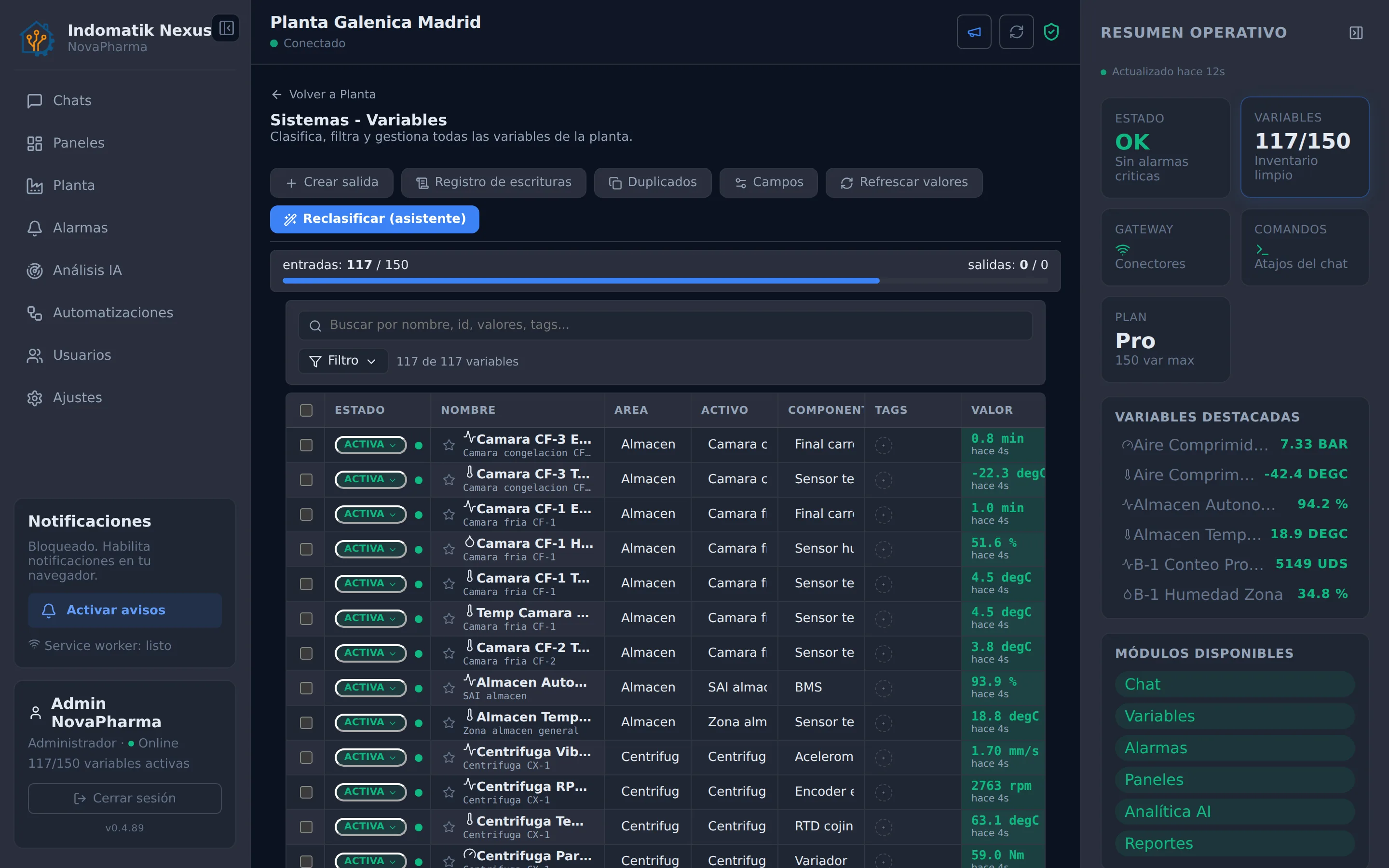 Gestión de variables de planta en Nexus