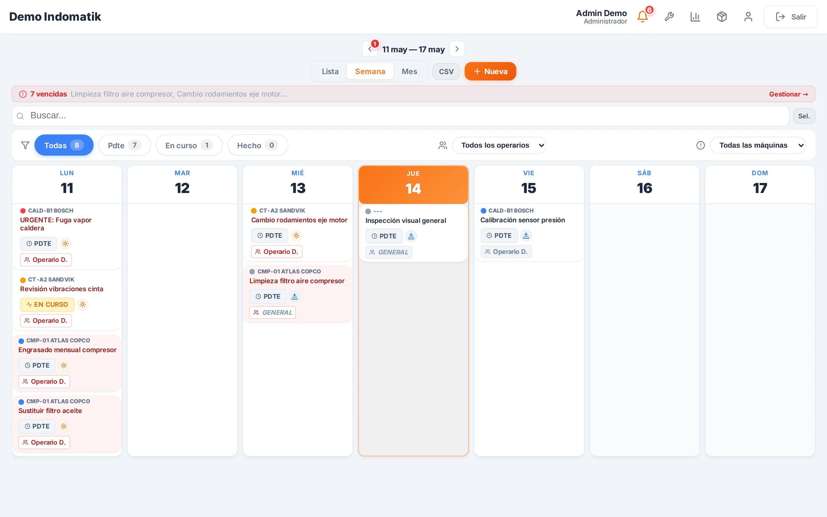 Nexus Planner: calendario semanal de órdenes de mantenimiento